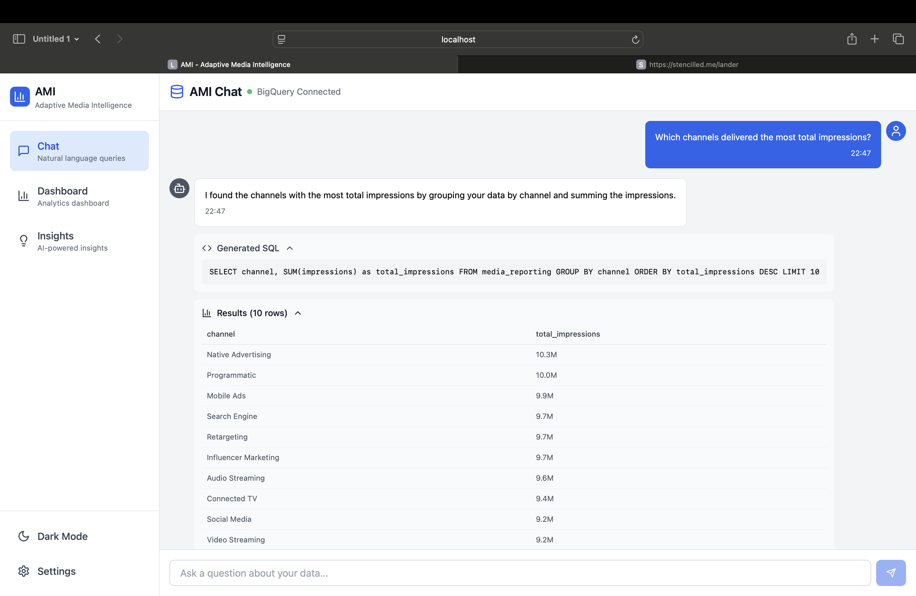 Chat Interface showing the answer to the question